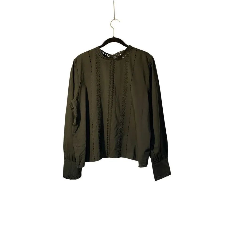 loft, women’s green embroidered eyelet, high neck, ruffle cuff sleeve blouse S/X